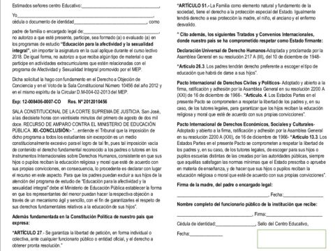 Carta Objeción de Conciencia para que los hijos no reciban clases de sexualidad