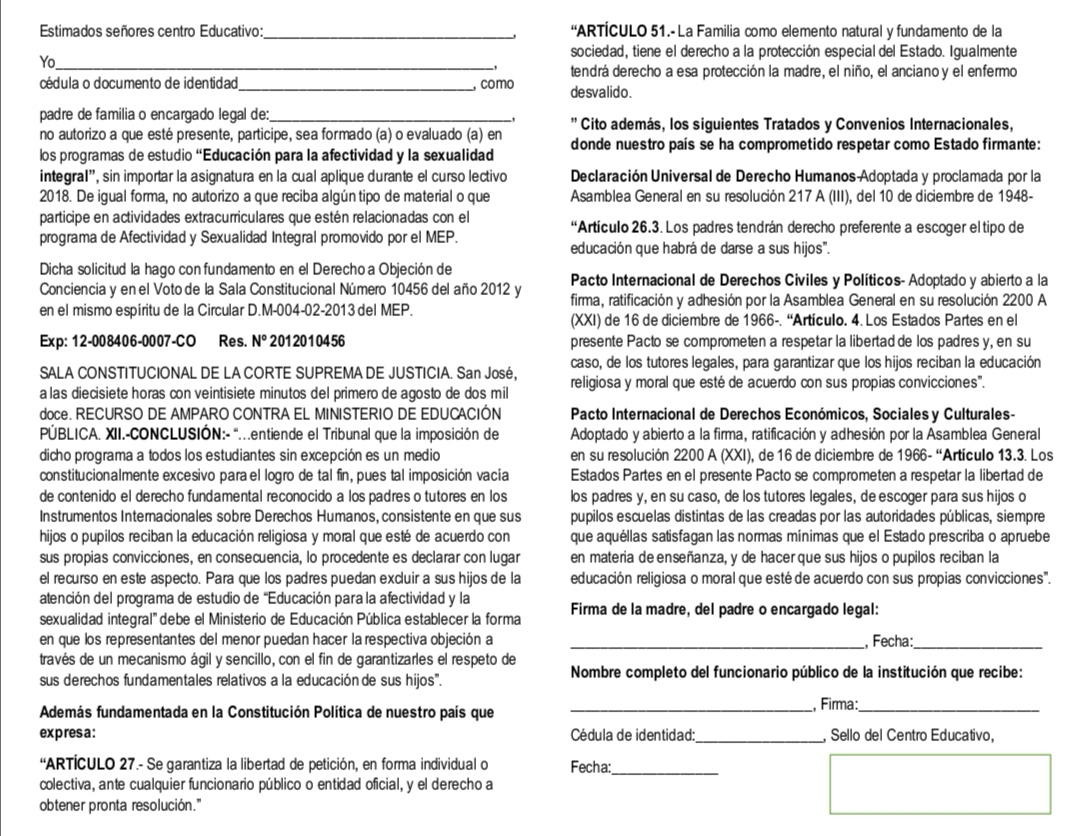 Carta Objeción de Conciencia para que los hijos no reciban clases de sexualidad